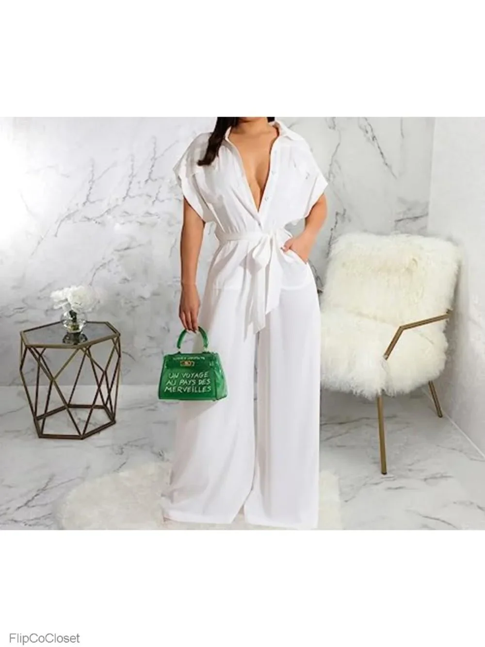 Wide Leg Jumpsuit with Belt Short Sleeve Loose Romper Club Party Work